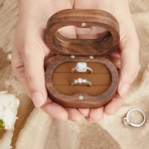 Roycraft Mr & Mrs Wedding Ring Box Oval Transparent Lid Wooden Ring Box with 2 Slots for Engagement Wedding Anniversary (Brown Inner)