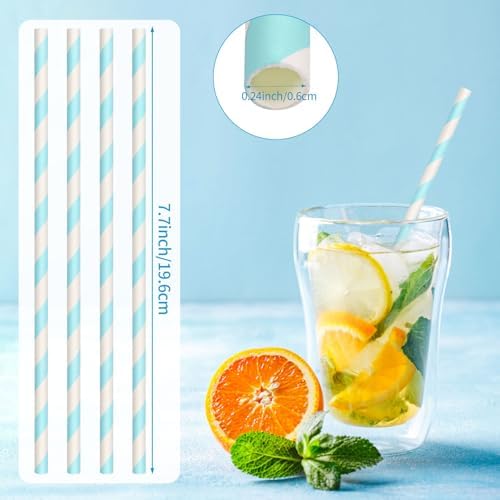 100 Packs Light Blue Biodegradable Striped Paper Straws, Disposable Drinking Straws for Birthday Carnival Summer Pool Party Wedding Baby Shower Halloween Christmas Party Decoration Supplies