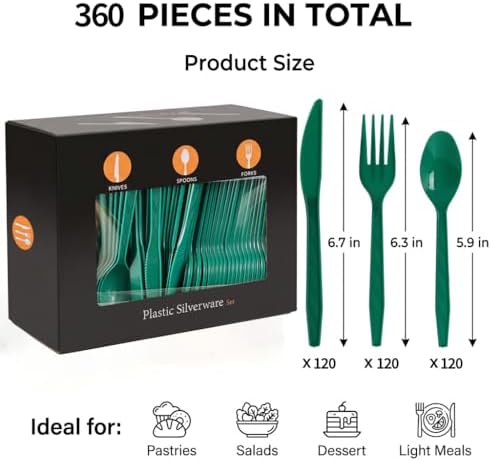 360Pcs Dark Green Plastic Silverware Set, Disposable Forks Spoons Knives