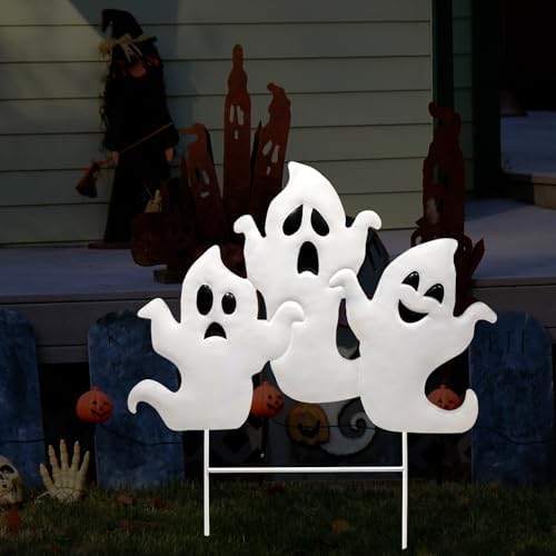 YIYA Halloween Garden Decorations Metal Halloween Ghost Yard Signs with Stake Outdoor Decorations Signs for Lawn Decor Yard Garden Decor