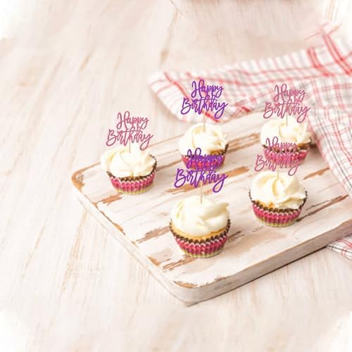 24 PCS Happy Birthday Cupcake Toppers Glitter Happy Birthday Cupcake Picks for Celebrating Anniversary Theme Party Cake Decorations Supplies Pink Purple