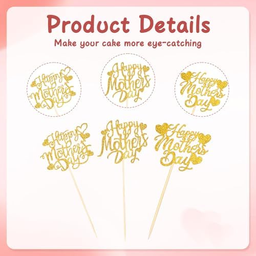 Happy Mothers Day Cake Topper, 24 Pcs Mothers Day Cupcake Toppers, Glitter Gold Happy Mother's Day Cupcake Toppers Food Picks Cake Decoraitons for Birthday Mothers Day Decorations