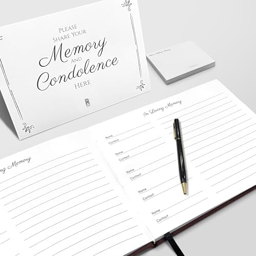 Rymori Funeral Guest Book for Memorial Service - with Pen, Cards, Table Sign & Back Pocket, Guests Sign in Book Celebration of Life | in Loving Memory Memorial Service Guest Book, White Natural Linen