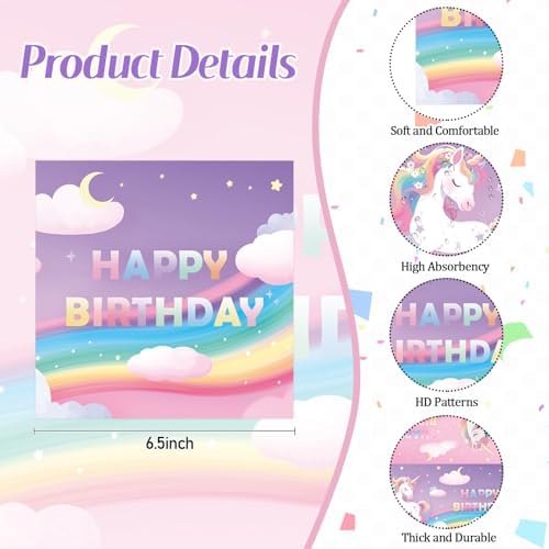 50 Pcs Unicorn Paper Napkins 6.5 x 6.5 Inches, Rainbow Birthday Theme Disposable Luncheon Dinner Party Napkins Cocktail Napkin for Unicorn Birthday Party Decorations (Unicorn)