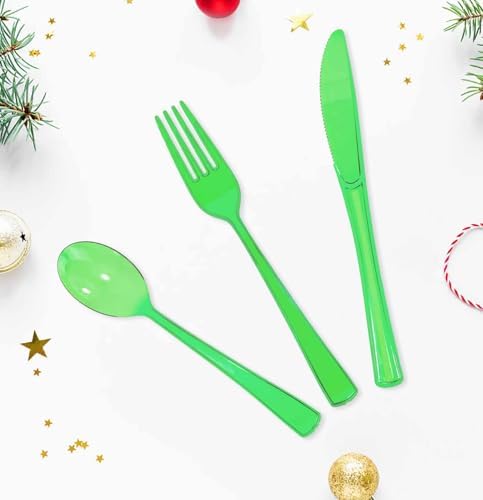 HEIPINIUYE 75 Pack Green Clear Plastic Cutlery Heavy Duty Clear Green Plastic Knives Forks and Spoons Disposable Silverware Set for 25 Guest Camping Birthday Baby Shower Party Utensil Set
