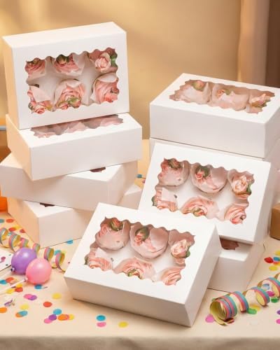 qiqee Auto-pop Up Cupcake Boxes with Window White 100PCS 6 Count Cupcake Box 9.4"x6.1"x3" Cupcakes Carrier, 6 Cupcake Containers