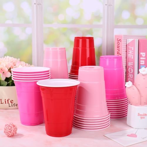 Whaline 60 Pcs Valentine's Day Plastic Cups 16 Oz Drinking Cups Pink Red Disposable Cup for Wedding Birthday Strawberry Cherry Party Supplies