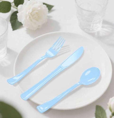 HEIPINIUYE 75 Pack Light Blue Plastic Cutlery Heavy Duty Baby Blue Plastic Knives Forks and Spoons Disposable Silverware Set for 25 Guest Camping Birthday Baby Shower Party Cutlery Set