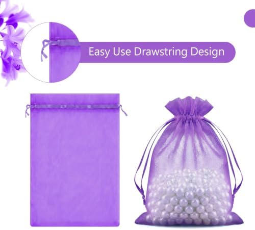 FUNFERY 100PCS Purple Organza Gift Bags 6x9in,Drawstring Pouch for Jewelry