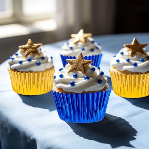 JarThenaAMCS 200Pcs Graduation Foil Cupcake Liners Baking Cups Gold Blue 2026 Congrats Grad Foil Metallic Cupcake Wrappers Muffin Liners for College High School Party Supplies Table Decor