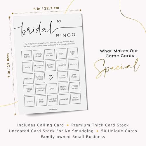 GardenCity Bridal Shower Gift Bingo, Bridal Shower Games for 50 Guests, Prefilled with Perforated Calling Card, Minimalist