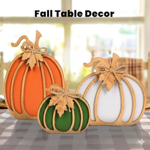 OLANRUN Fall Decorations for Home, 3-Piece Farmhouse Wooden Pumpkin Fall Decor, Handmade Crafts, Autumn Thanksgiving Decorations for Table, Tiered Tray, Mantel, Shelf, Office (4-8 Inch)