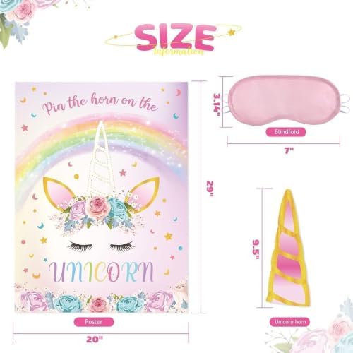 WERNNSAI Pin The Horn on The Unicorn Rainbow Birthday Party Games for Kids