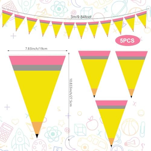 Vitalcozy 5 Pcs 49 ft Back to School Pencil Banners Pencil Classroom Decor
