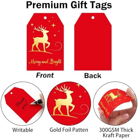 joycraft 60Pcs Christmas Gift Tags, 4 Styles Red Gold Foil Holiday Tree Tag