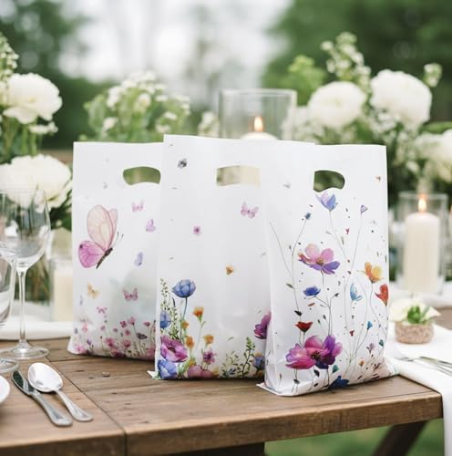 Wildflower Gift Bags, 100 Pcs Wildflower Party Favor Bags with Handles, Plastic Floral Goodie Candy Cookie Treat Bag for Wildflower Baby Shower Decorations Birthday Spring Party Favors Supplies