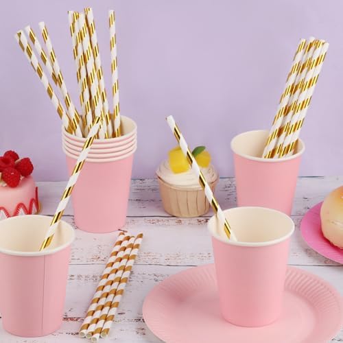 100 Packs Gold Biodegradable Striped Paper Straws, Disposable Drinking Straws for Birthday Carnival Summer Pool Party Wedding Baby Shower Halloween Christmas Party Decoration Supplies