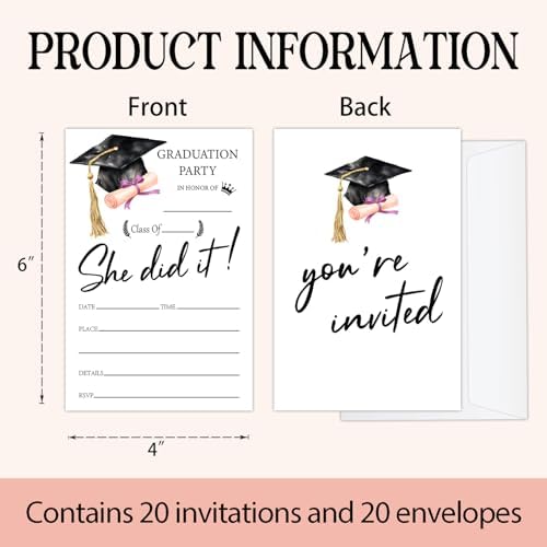 Luxury Graduation Invitations 2026 with Envelopes - 20 Pack Class of 2026 Graduation Party Invitations, 4x6 Inch Fill-in Graduation Announcements for High School or College - A09