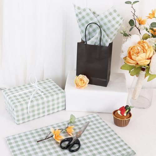 BEISHIDA Gingham Tissue Paper Bulk，Sage Green and White Checkered Wrapping Tissue Paper for Gift Bags, 14 x 20 Inch Gift Wrap for Wedding Birthday Easter DIY Crafts Decor Holiday Flowers-50 Sheets