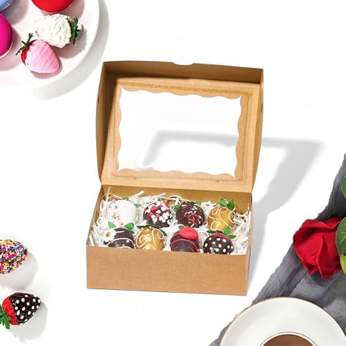 50PCS 8x6x2.5 Inch Brown Bakery Boxes with Window, Pastry Box for Chocolate Strawberries, Macarons, Truffles, Perfect for Thanksgiving Day, Mother's Day, Christmas Party Favors & Holiday
