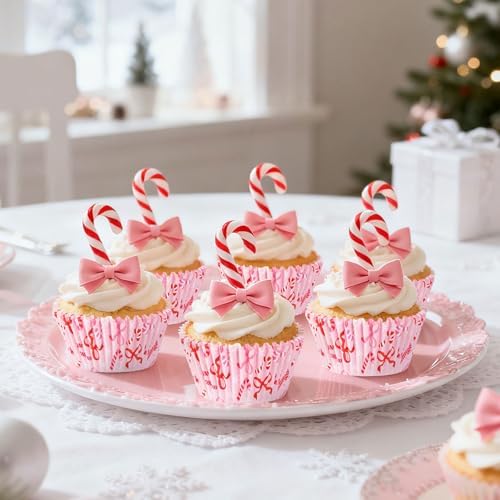 FYSUIMU 300Pcs Christmas Cupcake Liners Xmas Pink Bow Candy Paper Baking Cups Standard Muffin Cupcake Wrappers for Winter Holiday Birthday Wedding Party Supplies Table Decor
