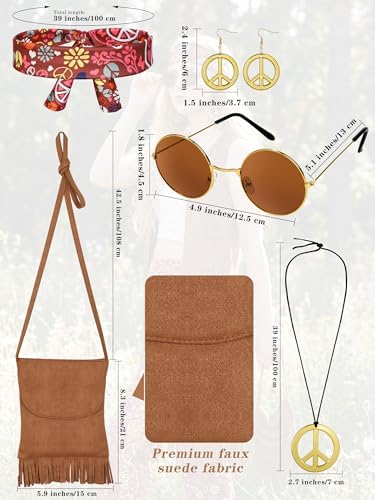 SOMSOC 7 Pieces 60s 70s Women Hippie Costume Fringe Vest Bag Pant Headband for Disco