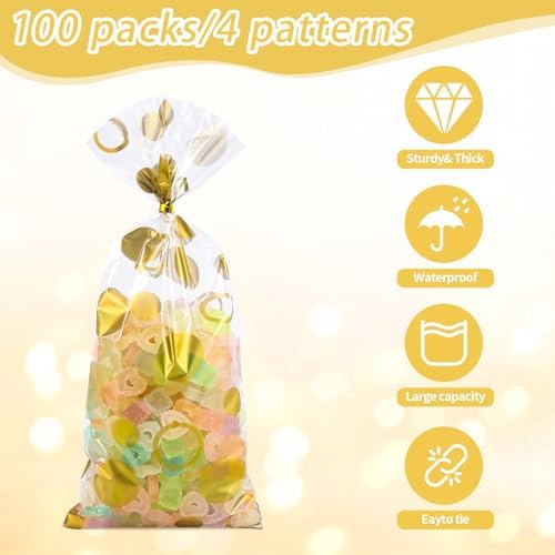 COQOFA 100 Pcs Gold 5"X11" Gift Wrap Cellophane Treat Bags Clear Party Favor Candy Cookie Bags Plastic Goodie Storage Bag with Twist Ties for Birthday, Wedding,Party Decorations(4 Patterns)