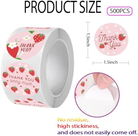 500PCS Thank You Stickers 1.5in Stickers Rolls 6 Designs Pink Sticker with Strawberry Patterns and Thank You Words Sticker for Bottle Scrapbook Journal Envelope Decorations