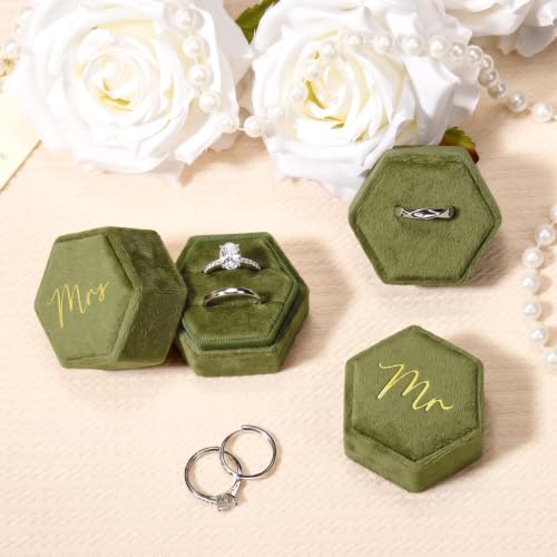 Mr & Mrs Velvet Wedding Ring Box 2 Slots Cursive Hexagon Jewelry Ring Box for Wedding Day Ceremony Bridal Photography Gift Set of 2 (Olive Green)