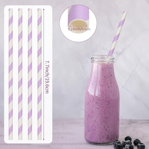 100 Packs Light Purple Biodegradable Striped Paper Straws, Disposable Drinking Straws for Birthday Carnival Summer Pool Party Wedding Baby Shower Halloween Christmas Party Decoration Supplies