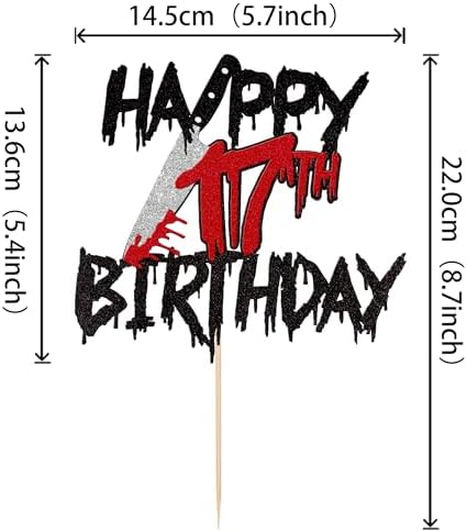 1 PCS Happy 17th Birthday Cake Topper Black Glitter Cheers to 17 Years Horror Blood Knife Have a Killer Birthday Cake Pick for Halloween Killer 17th Birthday Party Cake Decorations Supplies