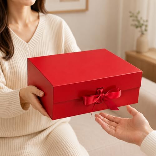 Tekhoho Large Gift Box 13.2x10.6x5in, Premium Present Box with Magnetic Lid and Ribbon for Holidays Wedding Birthday Gift Packaging, Plaid Lining (13.2x10.6x5in-White)