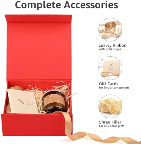 LIFELUM Red Gift Box for Christmas with Magnetic Lid, 8"x7"x3"