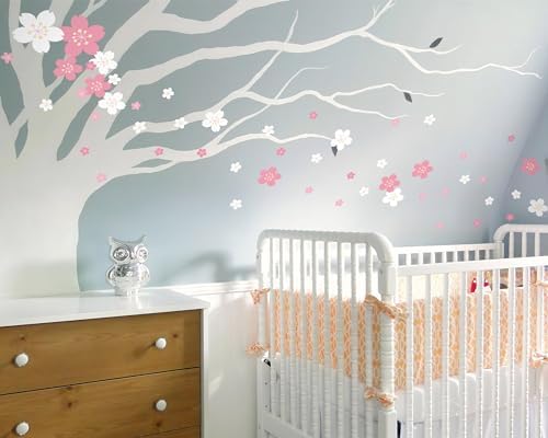 FLFK 55 Pcs Cherry Blossoms Wall Decals Peel and Stick Flower Wall Stickers for Nursery Living Room Bedroom Girls Room Home Decor