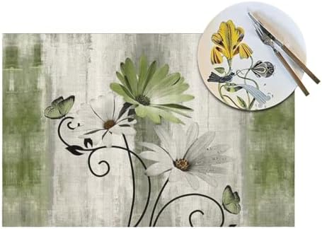 Floral Place mats Set of 6,12x18 Inches Rustic Sage Green Daisy Flower Decorative Placemats Rectangle Summer Green Floral Linen Table Mats for Party Home Kitchen,Dining Table Decoration