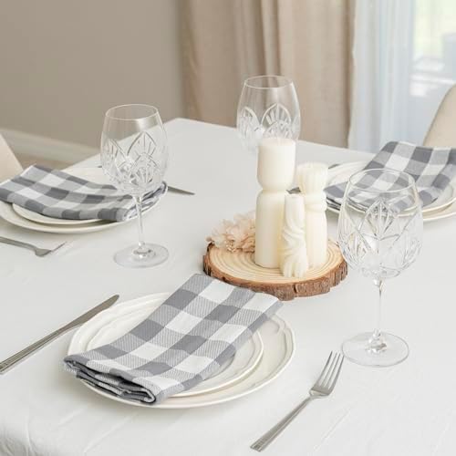 Gray Cloth Cotton Dinner Napkins - 100% Cotton, 12-Pack, 20"x20" Checkered Gingham Gray Cotton Napkins for Parties, Weddings, Baby Showers and Other Events - Plaid, Reusable and Washable