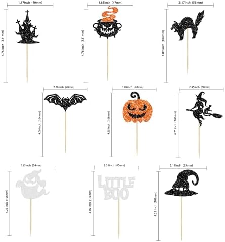 Gyufise 36Pcs Halloween Cupcake Toppers Glitter Bat Little Boo Pumpkin Cupcake Picks Witch Hat Spooky Ghost Castle Cat Cake Decorations for Halloween Theme Baby Shower Kids Birthday Party Supplies