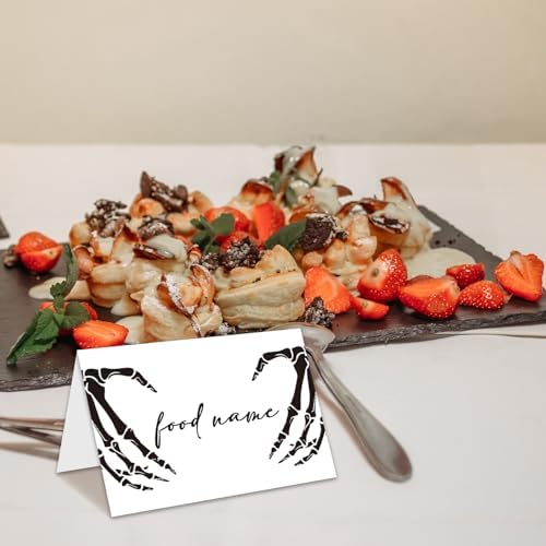 Halloween Place Cards for Table Setting, Skeleton Tent Cards Decor For Birthday Baby Shower Autumn Party Reception Decorations, Bridal Shower Place Card, 25 Pack Birthday Food Name Card 2 x 3.5" /036