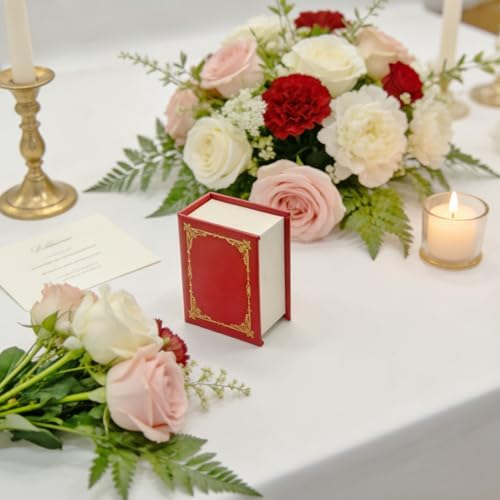 Book Shaped Ring Box - Vintage Engagement Ring Box with Hinged Lid for Proposal Engagement Wedding, Proposal Ring Case-PRB012-Red