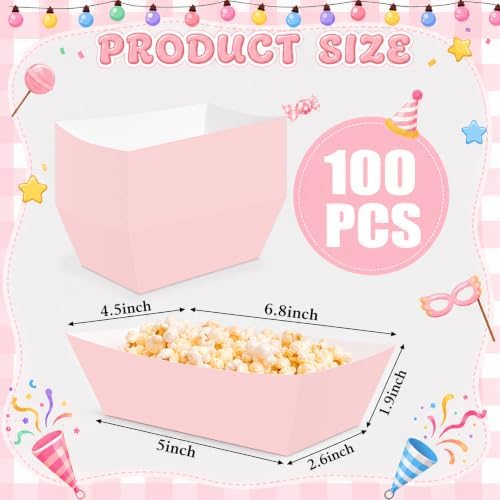 100 Pcs Pink Paper Food Trays, Pre-Folded Disposable Snack Boats for Popcorn, Candy, Fries, Nachos, Desserts, Pink Party Supplies for Birthday, Baby Shower, Bridal Shower, Dessert Table
