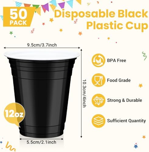 50 Pcs Black Plastic Cups, 12 oz Disposable Cups for Party