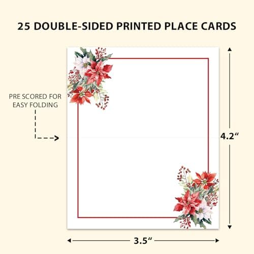 Christmas Place Cards for Table Setting, Poinsettia Tent Cards Decor For Bridal Baby Shower Party Reception Decorations, Winter Holiday Placecards, 25 Pack Birthday Food Name Card, 2 x 3.5" /015
