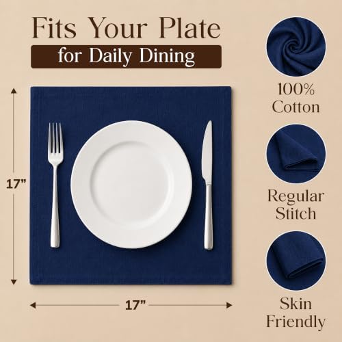 CLOUDLOOM Regular Stitch Cotton Cloth Napkins Navy Blue Set of 12, 17"x17"