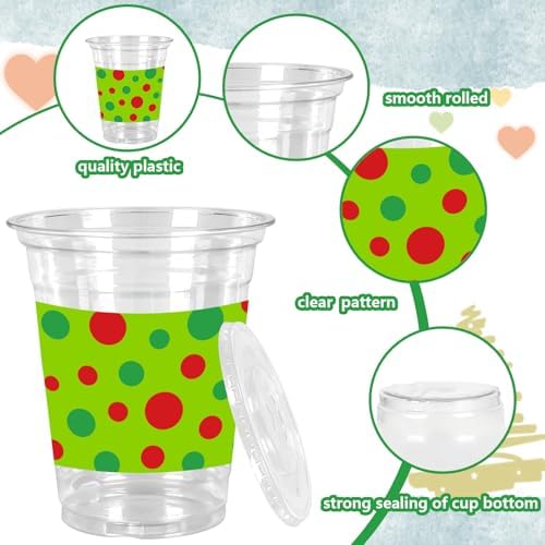 Whaline 50 Pack Green Christmas Plastic Cups with Lids Straws Red Green Polka Dot Clear Plastic Cups 12oz Holiday Disposable Cold Beverage Drinking Cup for Xmas Winter Party Supplies