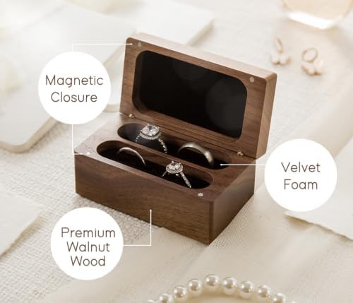 MUUJEE Custom Name Wedding Ring Box - Quad Slot Walnut Wood Ring Holder