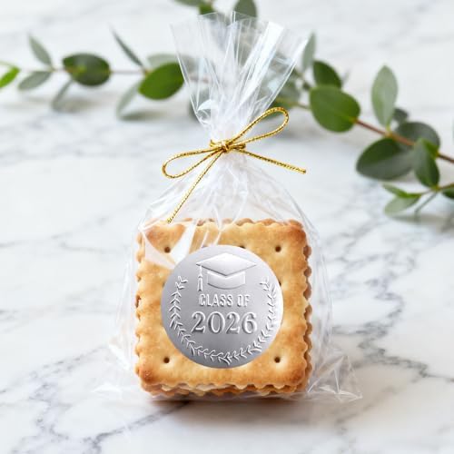 100 PCS Class of 2026 Graduation Stickers, Matte Silver Embossed Graduation Cap Labels for Candy Bags, Dessert Table Treat Bags, Invitations, Envelopes, Favor Bags & Gift Wrapping, 1.6 Inch