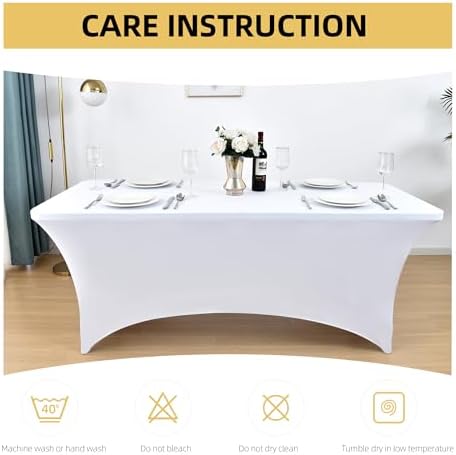 10-Pack 8ft White Spandex Table Covers for Rectangle Folding Tables - Washable Elastic Tablecloth - Ultimate Fitted Table Protector for Parties, Trade Shows, Banquet, and Wedding