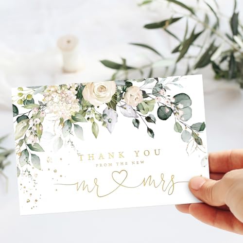 Whaline 24 Pack Wedding Thank You Cards Eucalyptus Leaves Greeting Card From the New Mr & Mrs Floral Blank Note Cards with Envelope Sticker for Bridal Shower