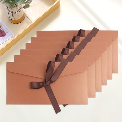 20 Pack Pearlescent Bronze Decorative Envelopes with Ribbon Bow, 8x4 Inch Christmas Cash Gift Envelope, Greeting Invitation Envelope Classical Pure Set for Wedding Birthday Festival and Party
