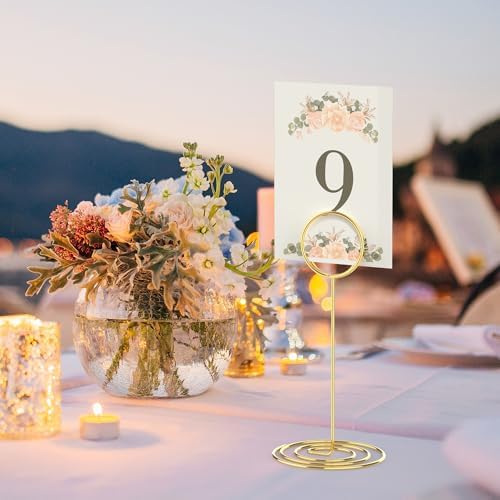 Radezon 20 Pcs Gold Table Number Holders, 6-Inch Place Card Holders With Widened Base, Wire Photo Stands for Tables, Name Menu Clips for Wedding Reception, Centerpieces and Events